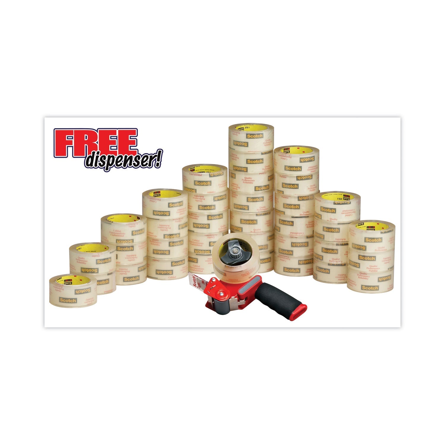 Scotch 3750 Commercial Grade Packaging Tape with ST-181 Pistol-Grip Dispenser, 3" Core, 1.88" x 54.6 yds, Clear, 36/Carton