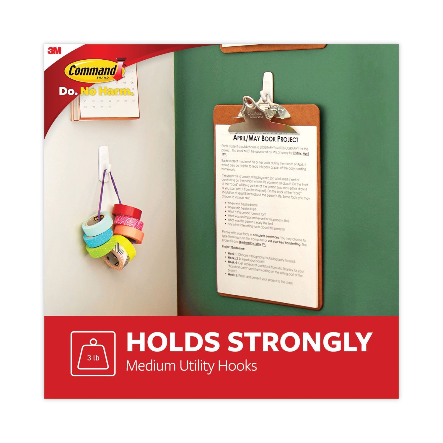 Command General Purpose Hooks, Medium, 3 lb Cap, White, 20 Hooks and 24 Strips/Pack