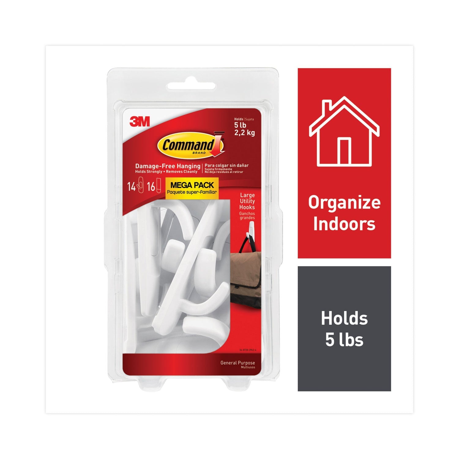 Command General Purpose Hooks, Large, 5 lb Cap, White, 14 Hooks and 16 Strips/Pack