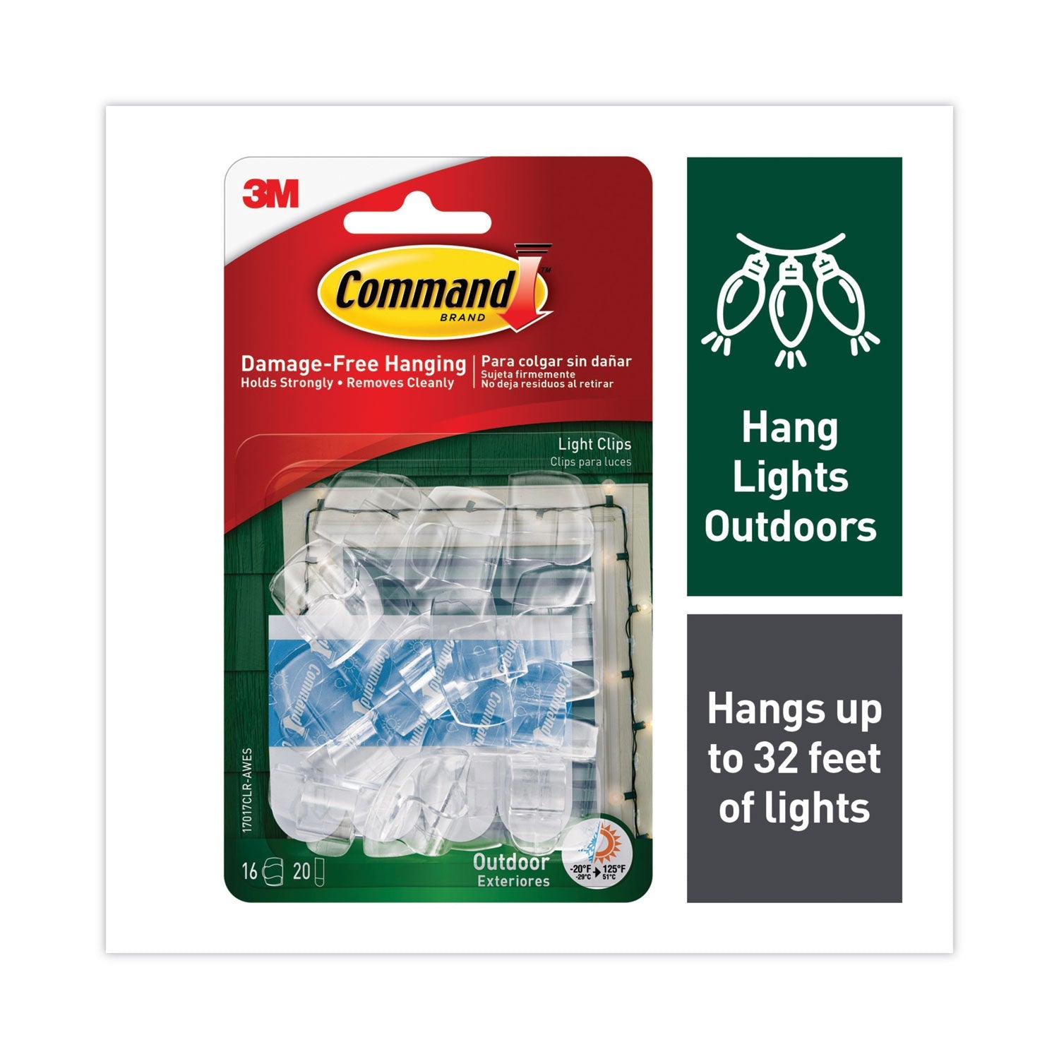 Command All Weather Hooks and Strips, Plastic, Small, 16 Clips and 20 Strips/Pack