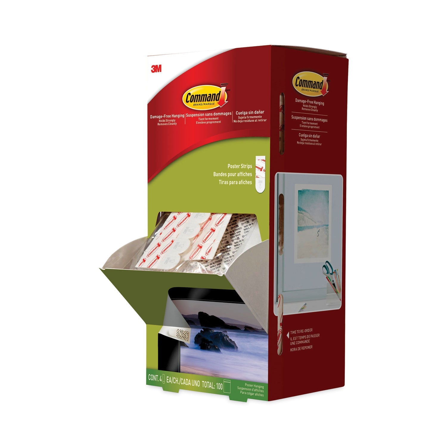 Command Poster Strips, Removable, Holds Up to 1 lb per Pair, 0.63 x 1.75, White, 4/Pack, 100 Packs/Carton