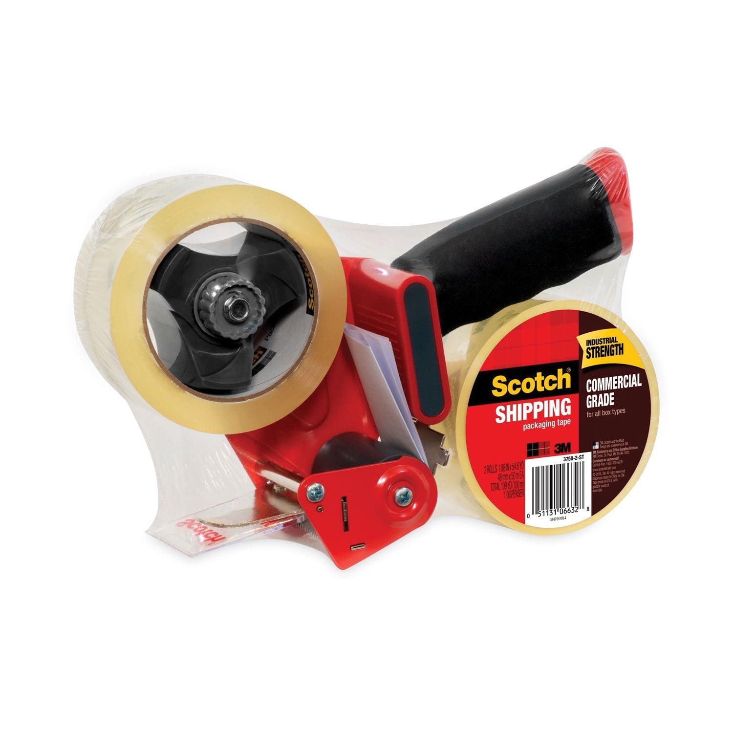 Scotch Packaging Tape Dispenser with Two Rolls of Tape, 3" Core, For Rolls Up to 0.75" x 60 yds, Red