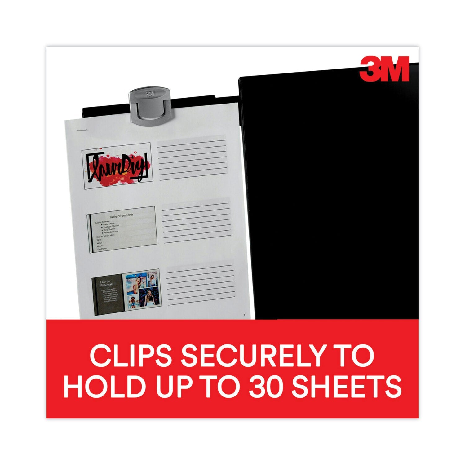 3M Swing Arm Copyholder, Adhesive Monitor Mount, 30 Sheet Capacity, Plastic, Black/Silver Clip