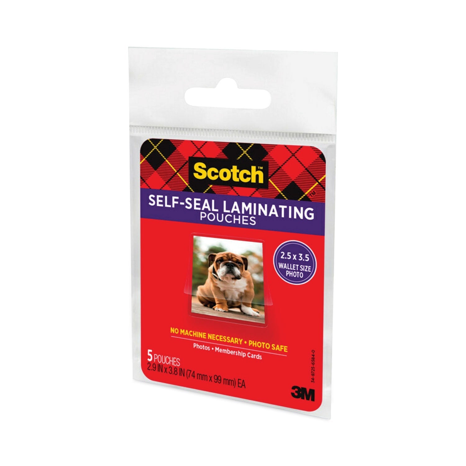 Scotch Self-Sealing Laminating Pouches, 9.5 mil, 2.81" x 3.75", Gloss Clear, 5/Pack