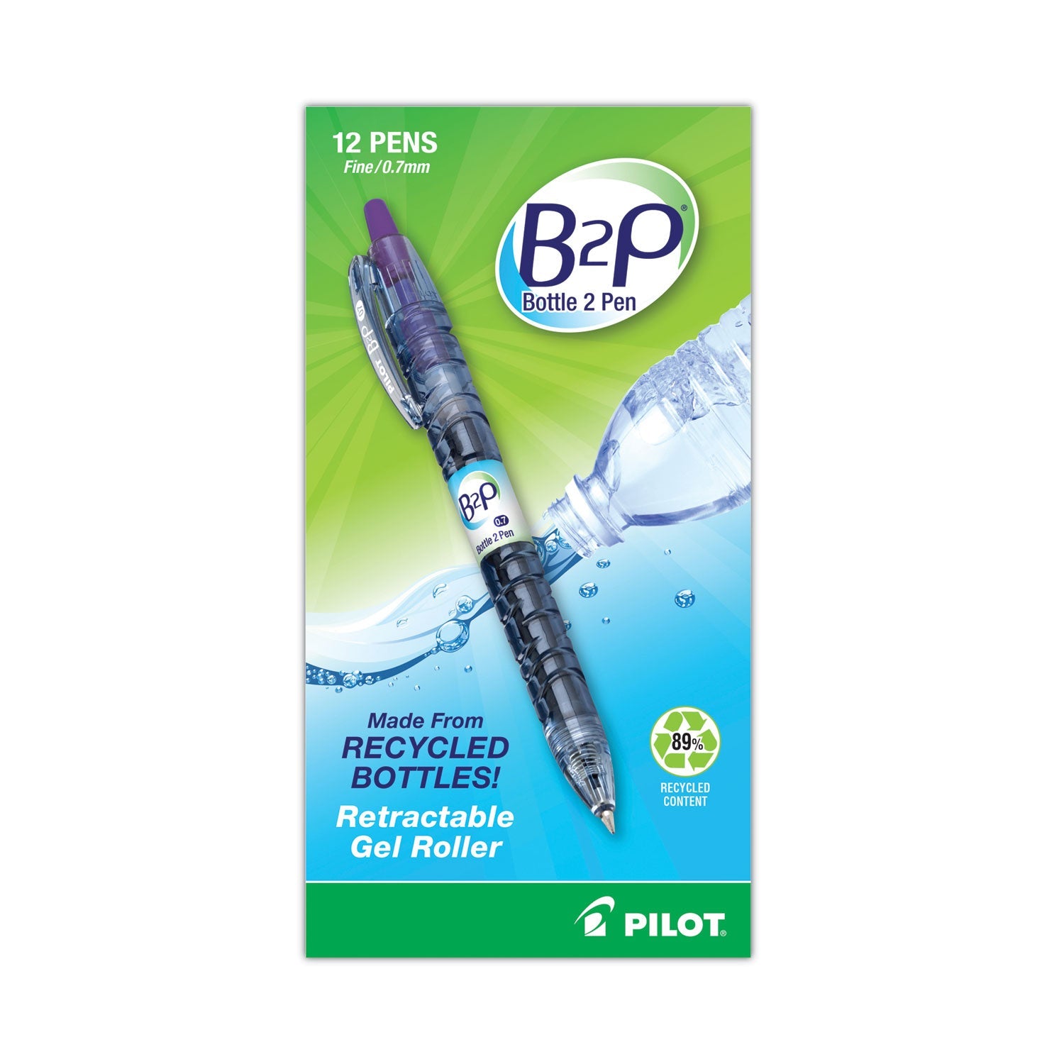 Pilot B2P Bottle-2-Pen Recycled Gel Pen, Retractable, Fine 0.7 mm, Purple Ink, Translucent Blue Barrel