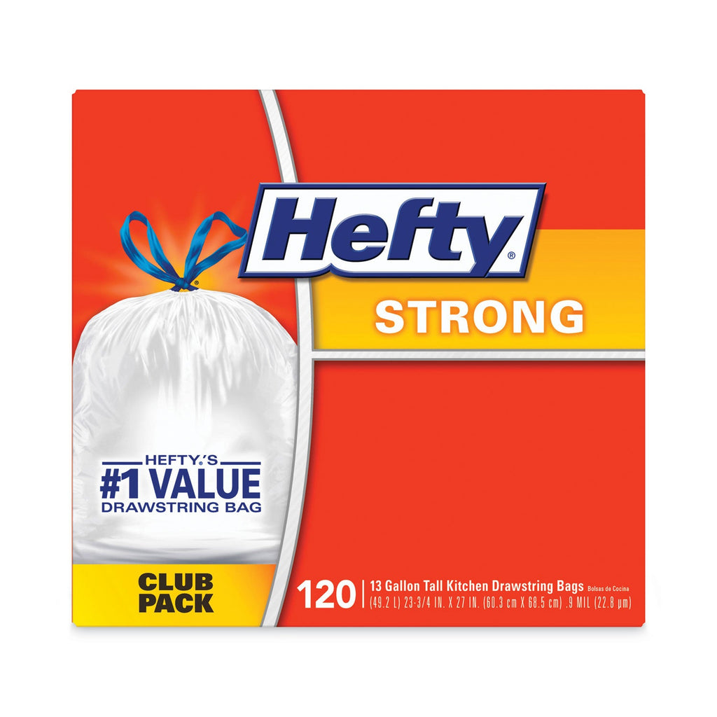 Hefty Strong Tall Kitchen Drawstring Bags, 13 gal, 0.9 mil, 23.75" x 27", White, 90/Box, 3 Boxes/Carton