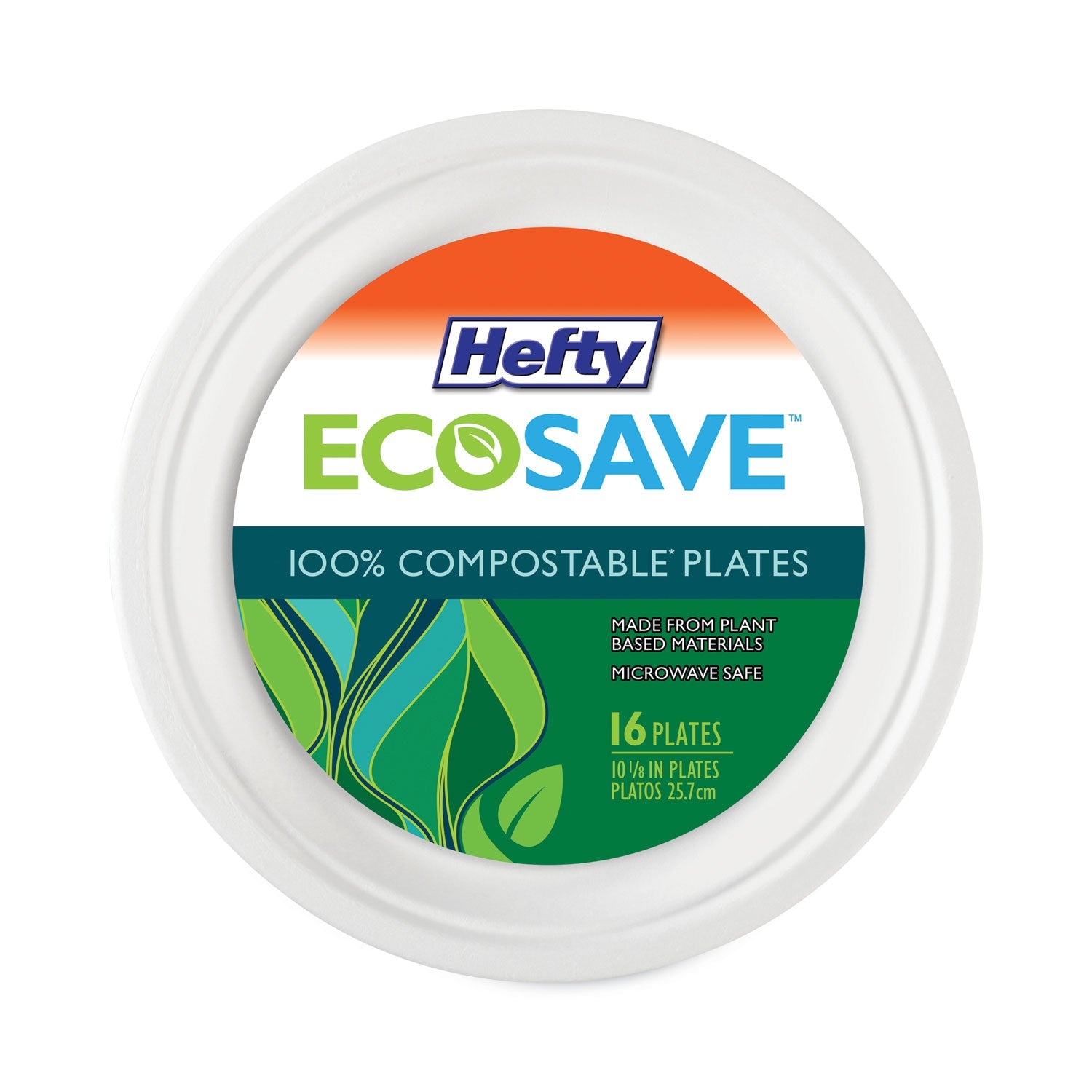 Hefty ECOSAVE Tableware, Plate, Bagasse, 10.13" dia, White, 16/Pack, 12 Packs/Carton
