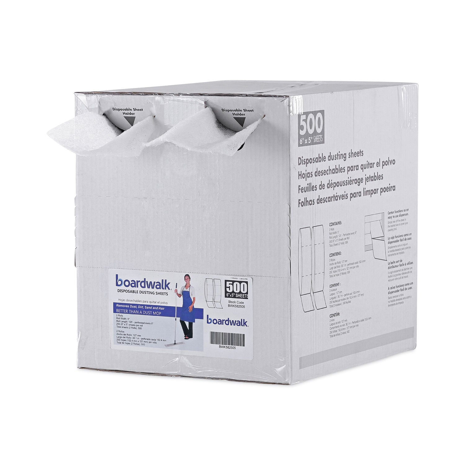 Boardwalk TrapEze Disposable Dusting Sheets, 5" x 125 ft, White, 250 Sheets/Roll, 2 Rolls/Carton