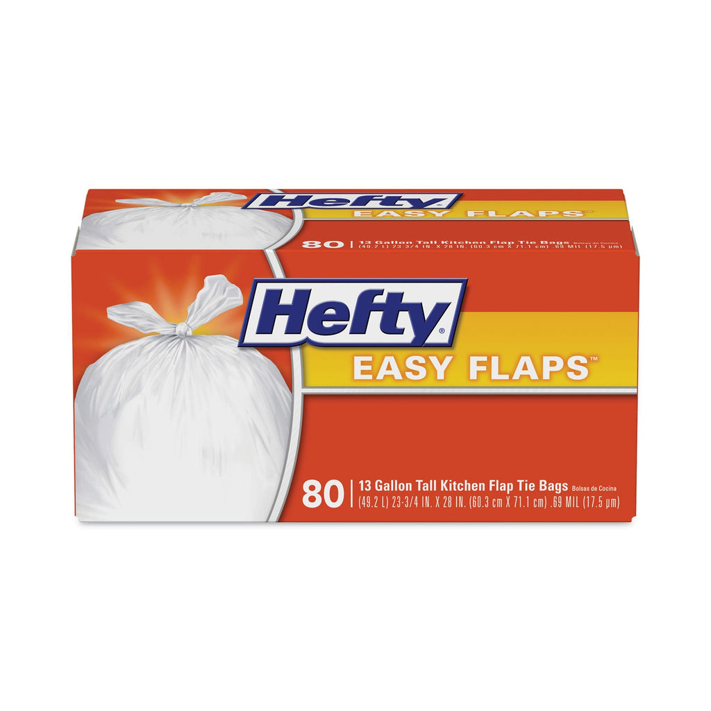 Hefty Easy Flaps Trash Bags, 13 gal, 0.69 mil, 23.75" x 28", White, 480/Carton