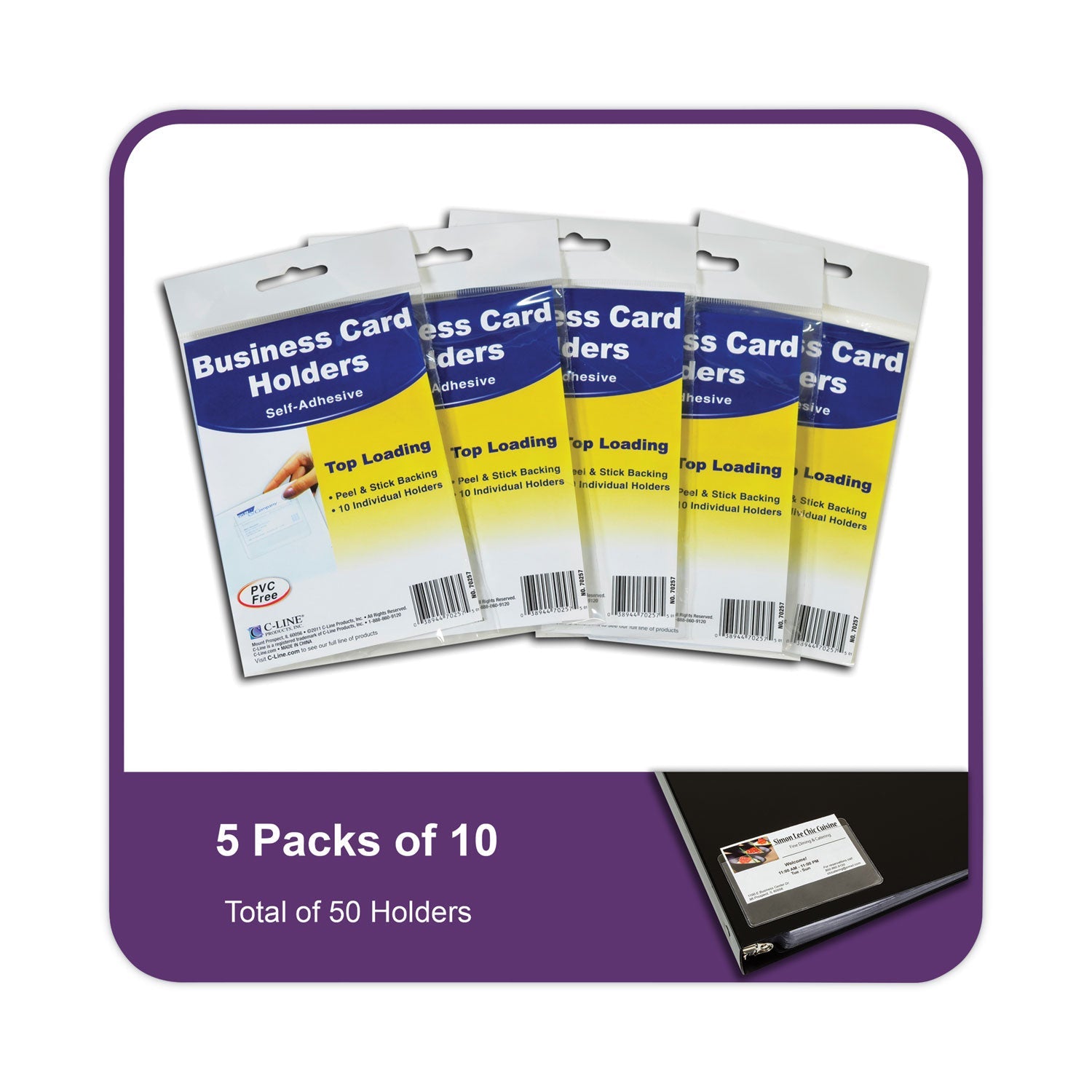 C-Line Self-Adhesive Business Card Holders, Top Load, 2 x 3.5, Clear, 10/Pack