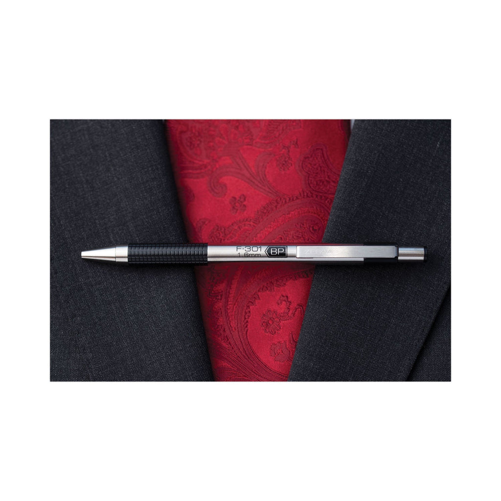 Zebra F-301 Ballpoint Pen, Retractable, Bold 1.6 mm, Black Ink, Stainless Steel/Black Barrel, 12/Pack