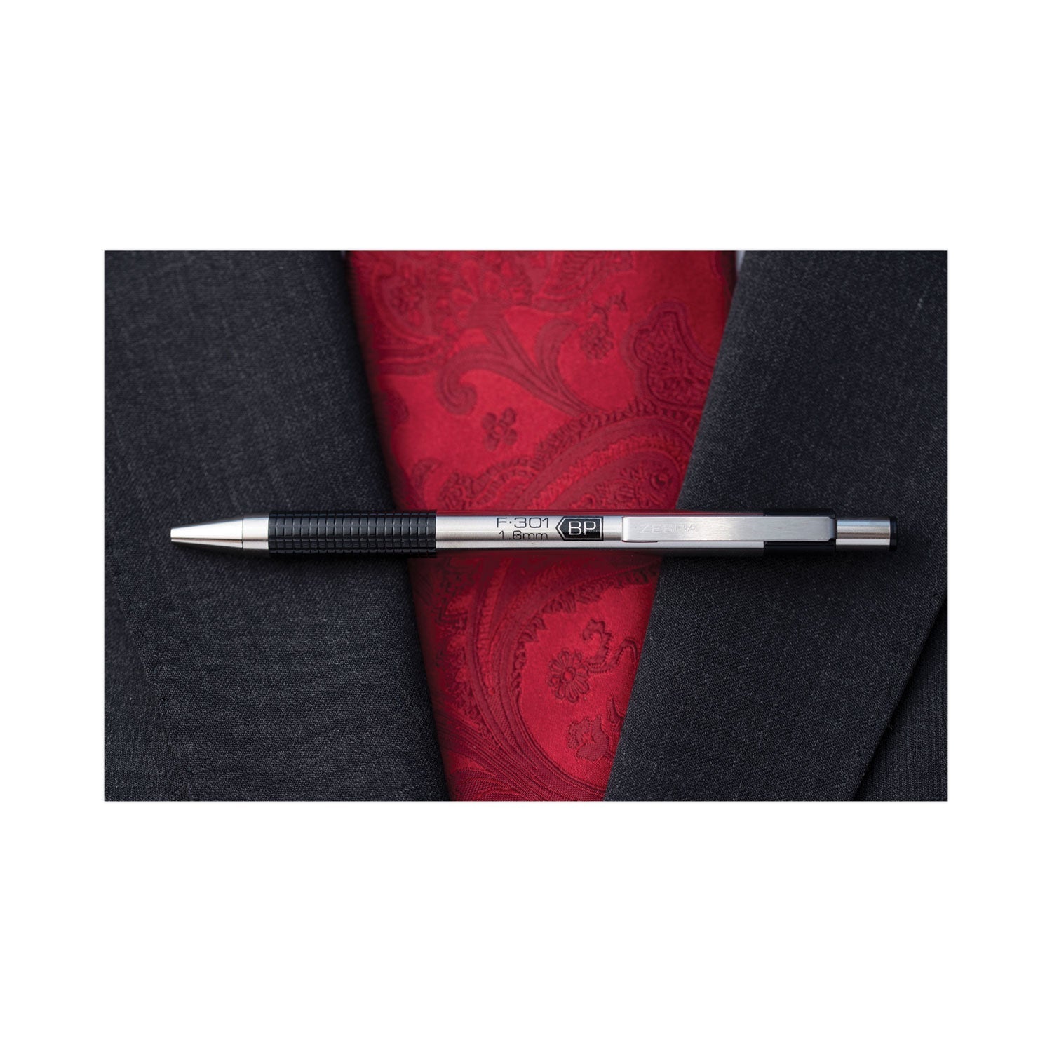 Zebra F-301 Ballpoint Pen, Retractable, Bold 1.6 mm, Black Ink, Stainless Steel/Black Barrel, 12/Pack