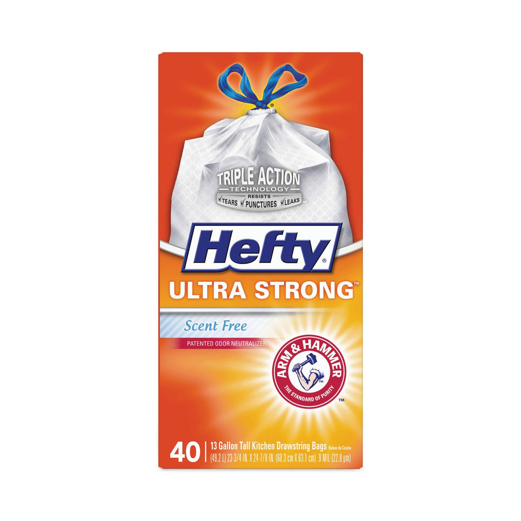 Hefty Ultra Strong Tall Kitchen and Trash Bags, 13 gal, 0.9 mil, 23.75" x 24.88", White, 40/Box