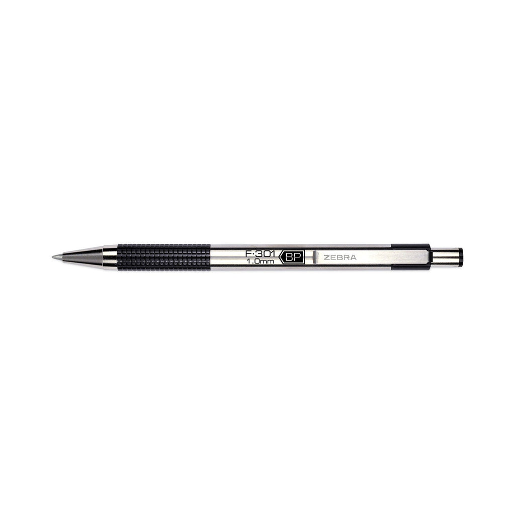 Zebra F-301 Ballpoint Pen, Retractable, Medium 1 mm, Black Ink, Stainless Steel/Black Barrel