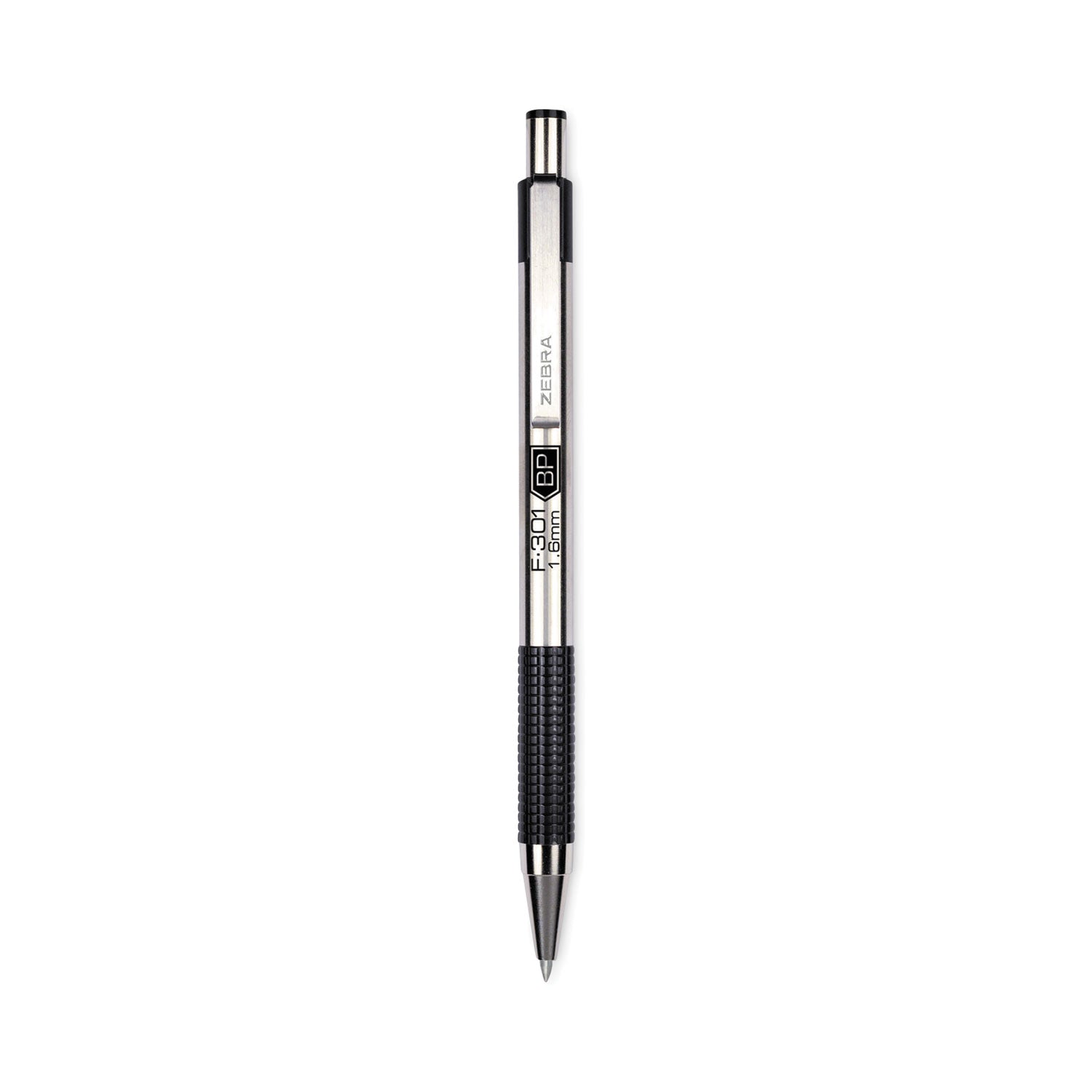 Zebra F-301 Ballpoint Pen, Retractable, Bold 1.6 mm, Black Ink, Stainless Steel/Black Barrel, 12/Pack