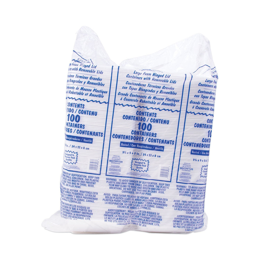 Dart Foam Hinged Lid Container, Vented Lid, 9 x 9.4 x 3, White, 100/Pack, 2 Packs/Carton