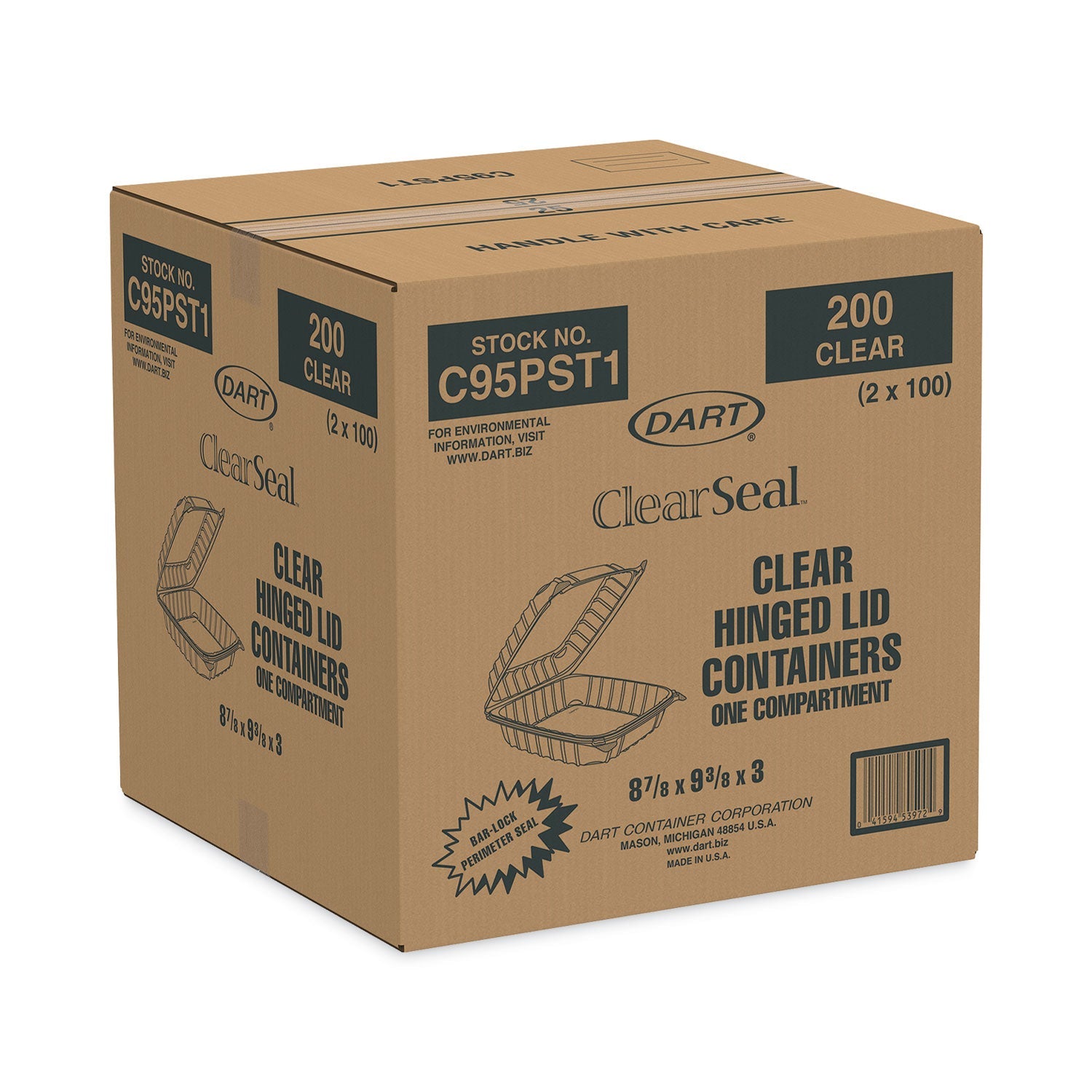 Dart ClearSeal Hinged-Lid Plastic Containers, 9.3 x 8.8 x 3, Clear, Plastic, 100/Bag, 2 Bags/Carton