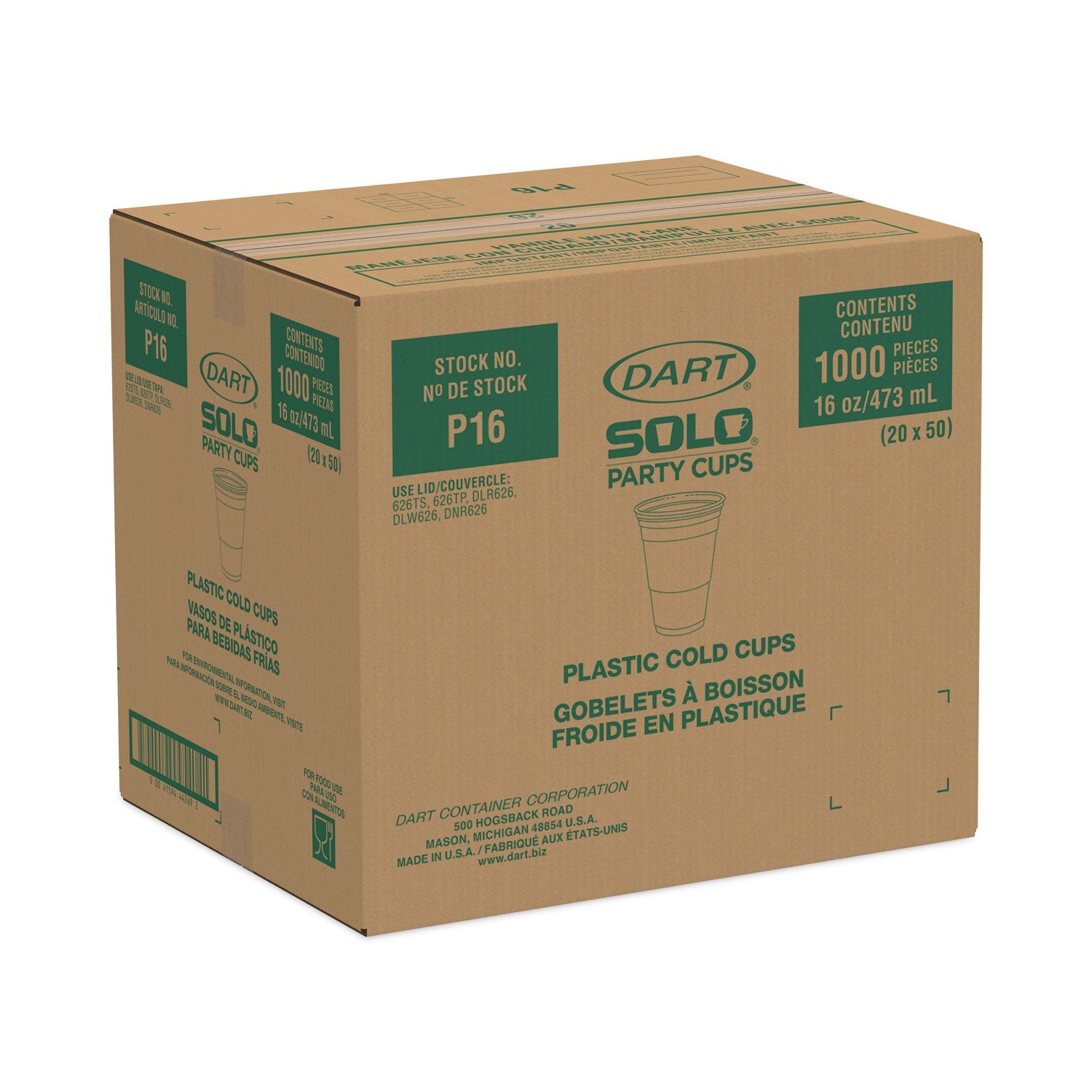 Dart Conex Translucent Plastic Cold Cups, 16 oz, 50/Sleeve, 20 Sleeves/Carton