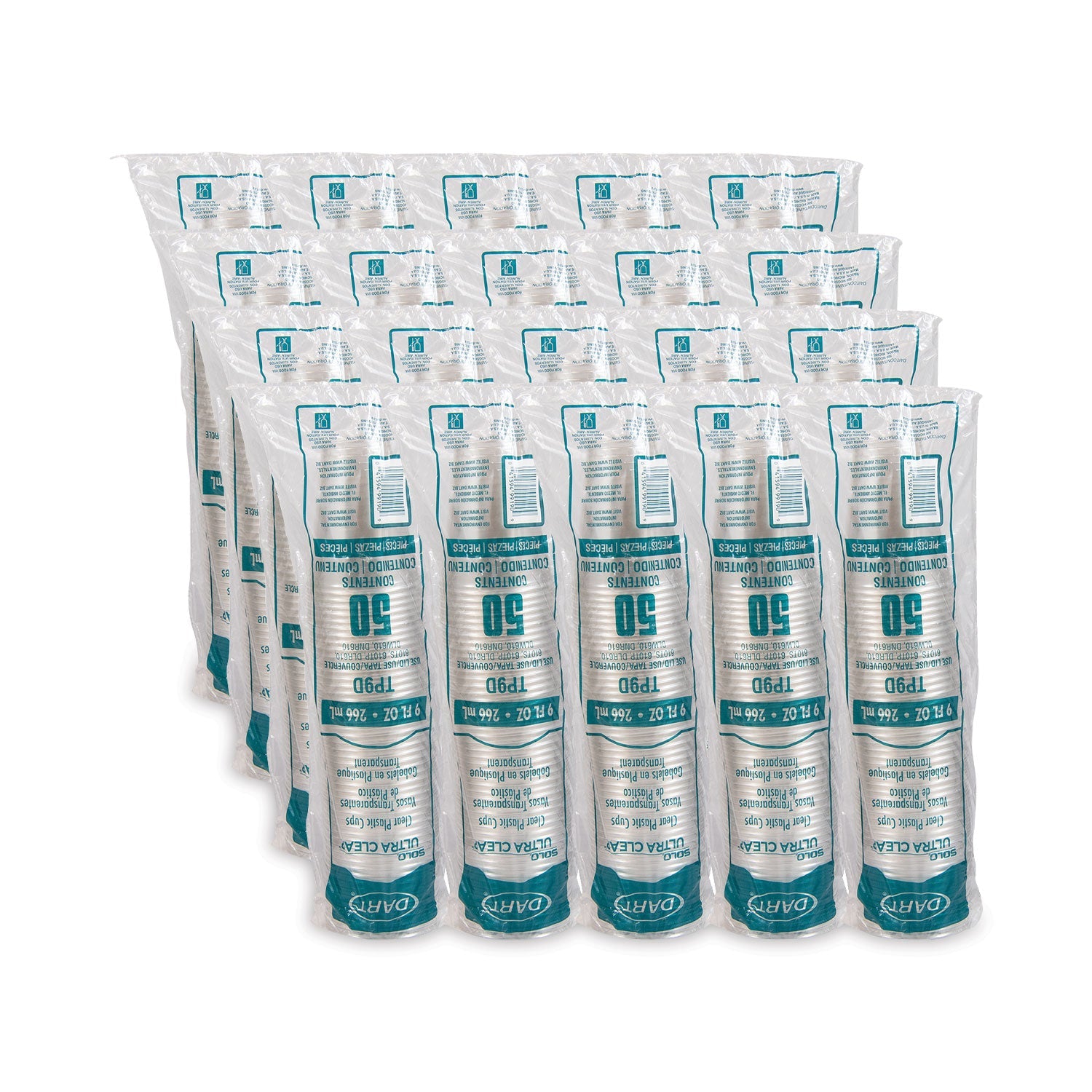Dart Ultra Clear PET Cups, 9 oz, Tall, 50/Bag, 20 Bags/Carton