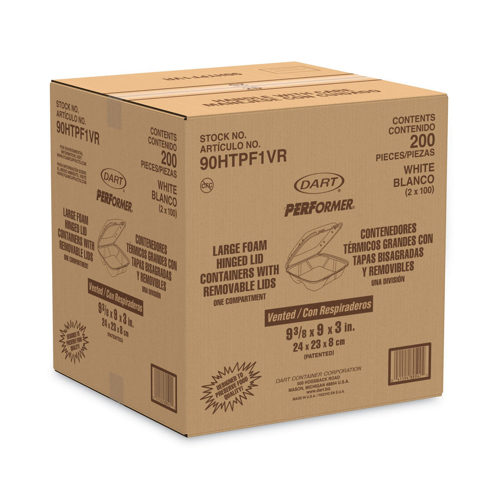 Dart Foam Hinged Lid Container, Vented Lid, 9 x 9.4 x 3, White, 100/Pack, 2 Packs/Carton