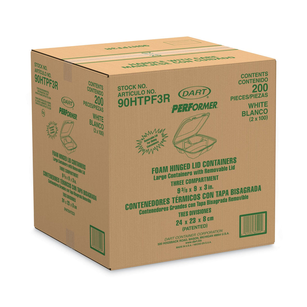 Dart Foam Hinged Lid Container, Performer Perforated Lid, 3-Compartment, 9 x 9.4 x 3, White, 100/Bag, 2 Bag/Carton