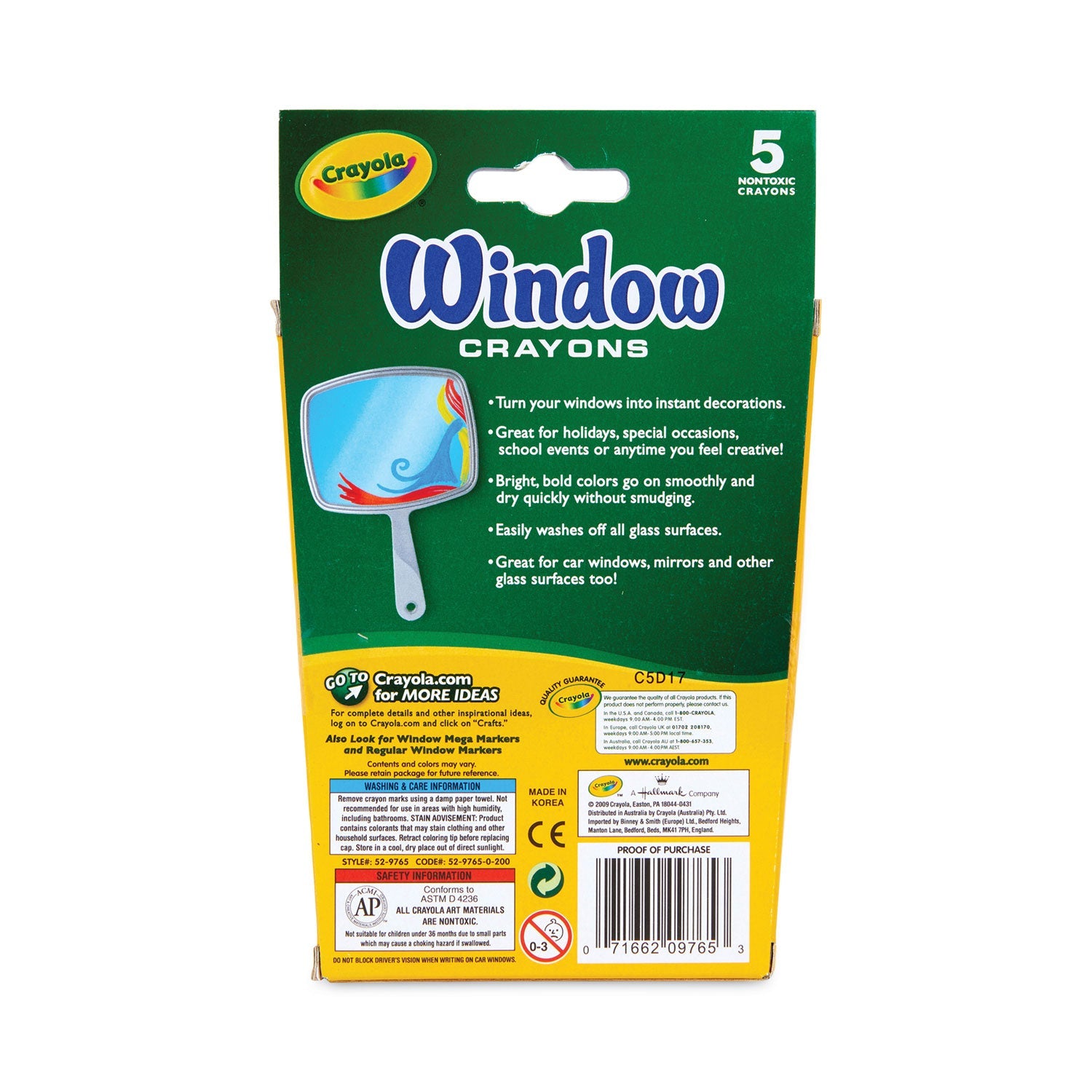 Crayola Washable Window Crayons, Assorted Colors, 5/Set