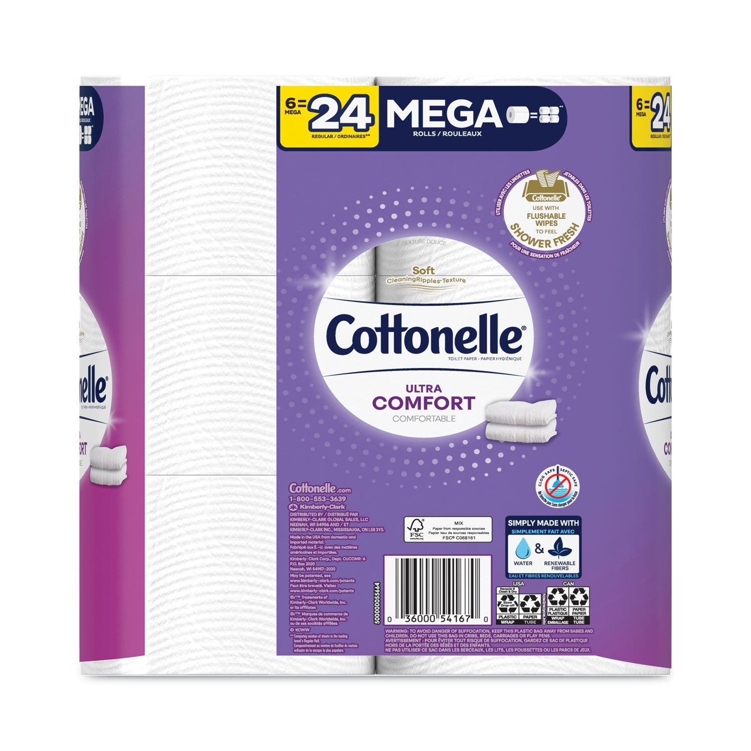 Cottonelle Ultra ComfortCare Toilet Paper, Soft Tissue, Mega Rolls, Septic Safe, 2-Ply, White, 284/Roll, 6 Rolls/Pack, 36 Rolls/Carton