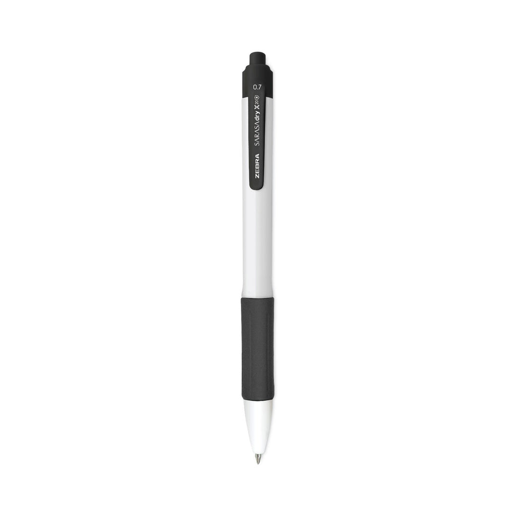 Zebra Sarasa Dry X20+ Gel Pen, Retractable, Fine 0.7 mm, Black Ink, White Barrel, Dozen