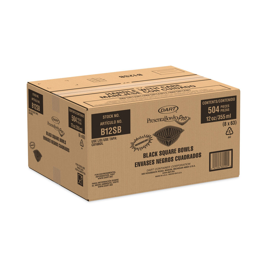 Dart PresentaBowls Pro Black Square Bowls, 12 oz, 5 x 5 x 2, Black, Plastic, 63/Bag, 8 Bags/Carton