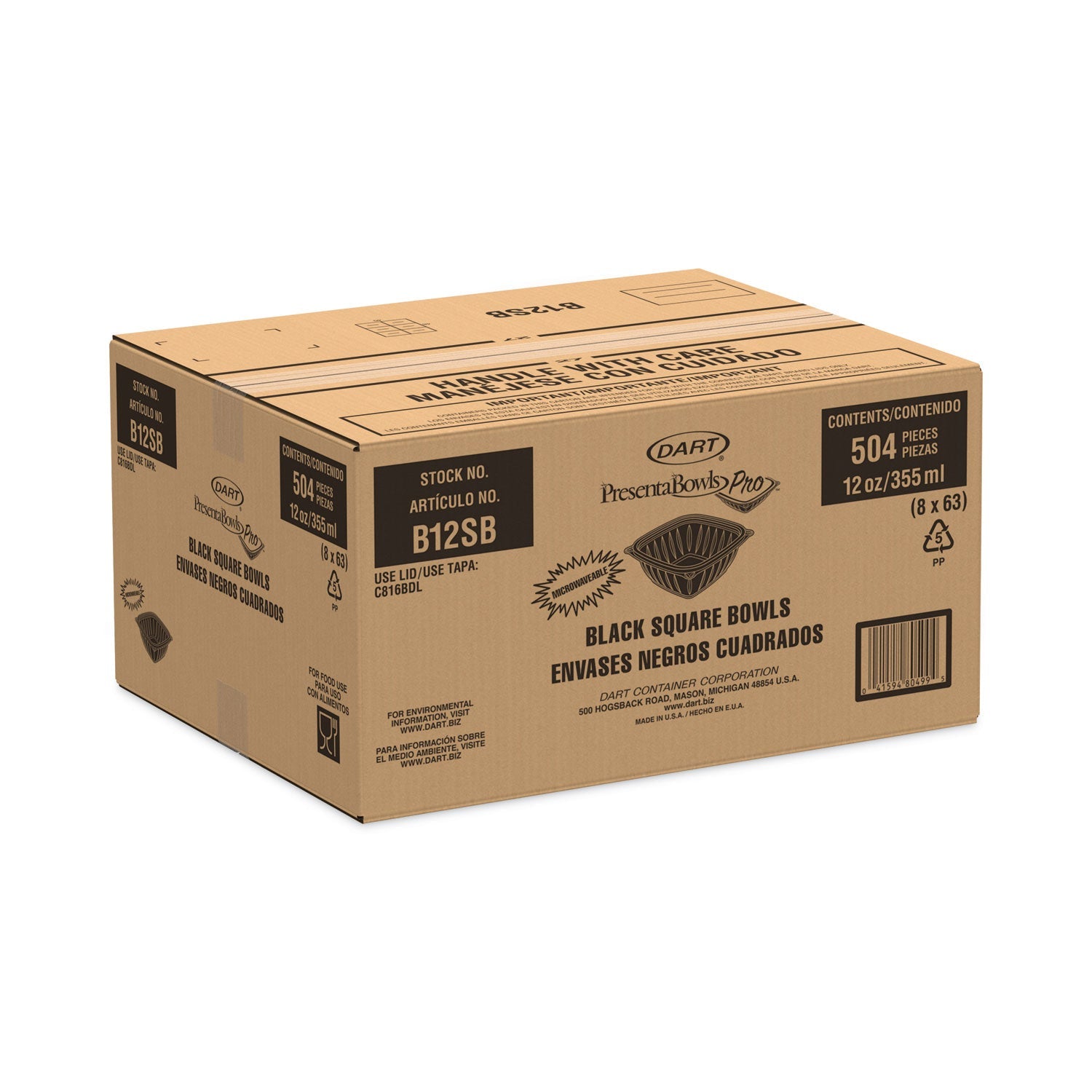 Dart PresentaBowls Pro Black Square Bowls, 12 oz, 5 x 5 x 2, Black, Plastic, 63/Bag, 8 Bags/Carton