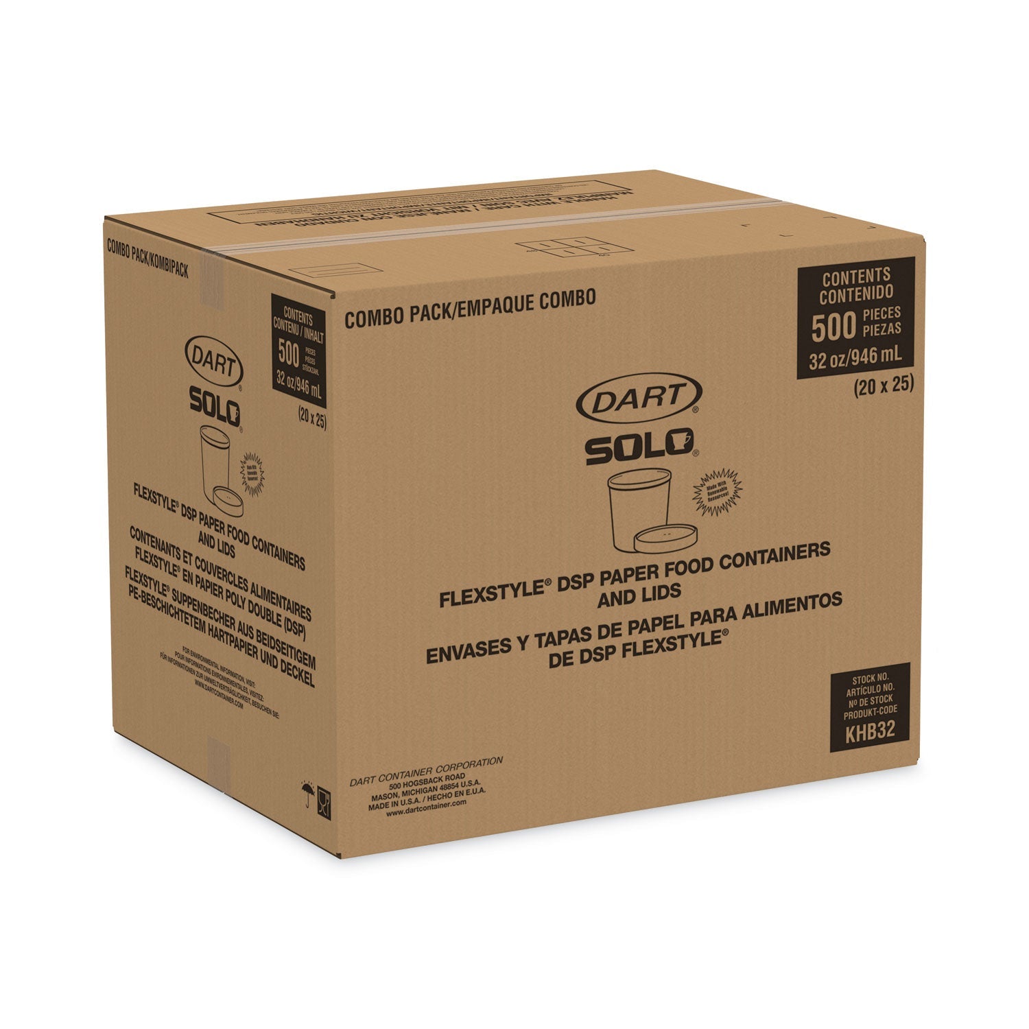 Dart Flexstyle Double Poly Food Combo Pack, 32 oz, White, Paper, 25/Pack, 10 Packs/Carton