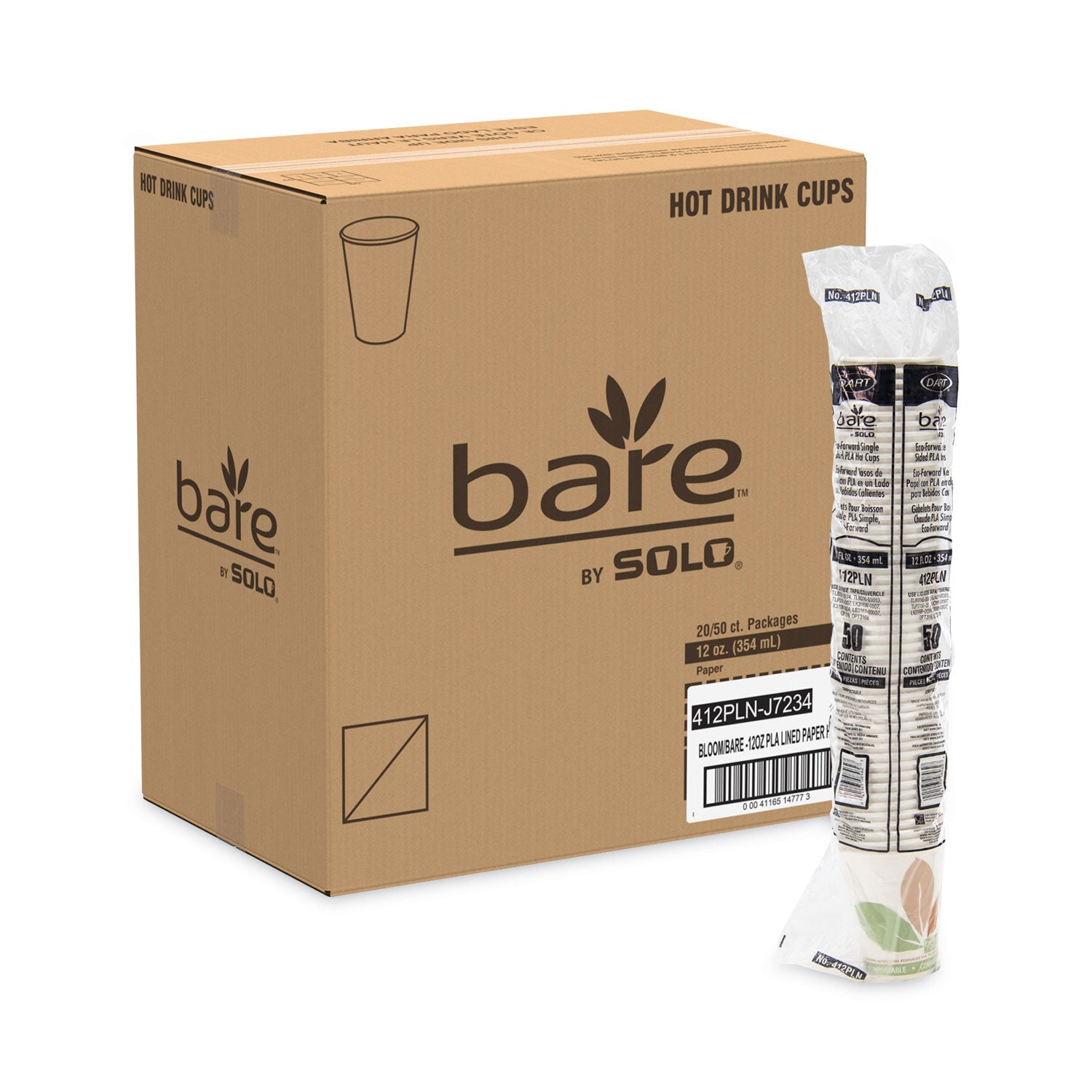 Dart Bare by Solo Eco-Forward PLA Paper Hot Cups, 12 oz, Leaf Design, White/Green/Orange, 50/Bag, 20 Bags/Carton