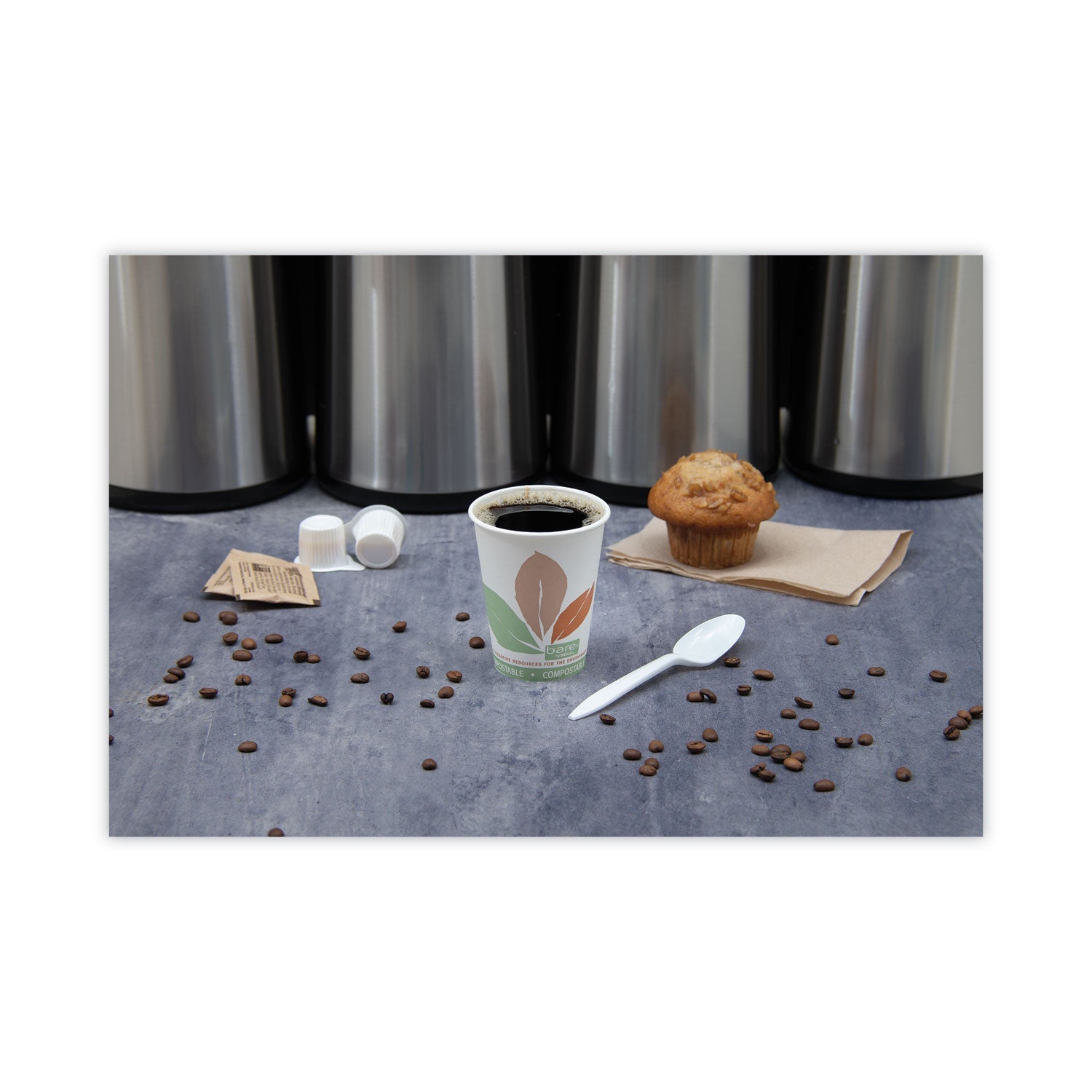 Dart Bare by Solo Eco-Forward PLA Paper Hot Cups, 8 oz, Leaf Design, White/Green/Orange, 50/Bag, 20 Bags/Carton