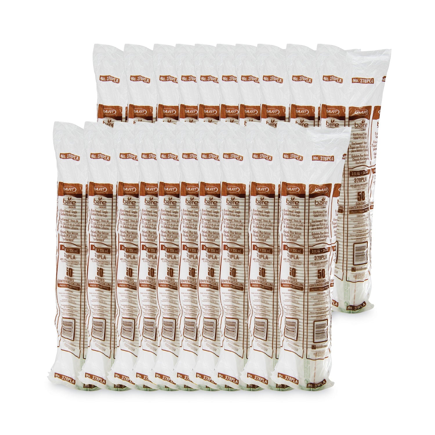 Dart Bare by Solo Eco-Forward PLA Paper Hot Cups, 8 oz, Leaf Design, White/Green/Orange, 50/Bag, 20 Bags/Carton