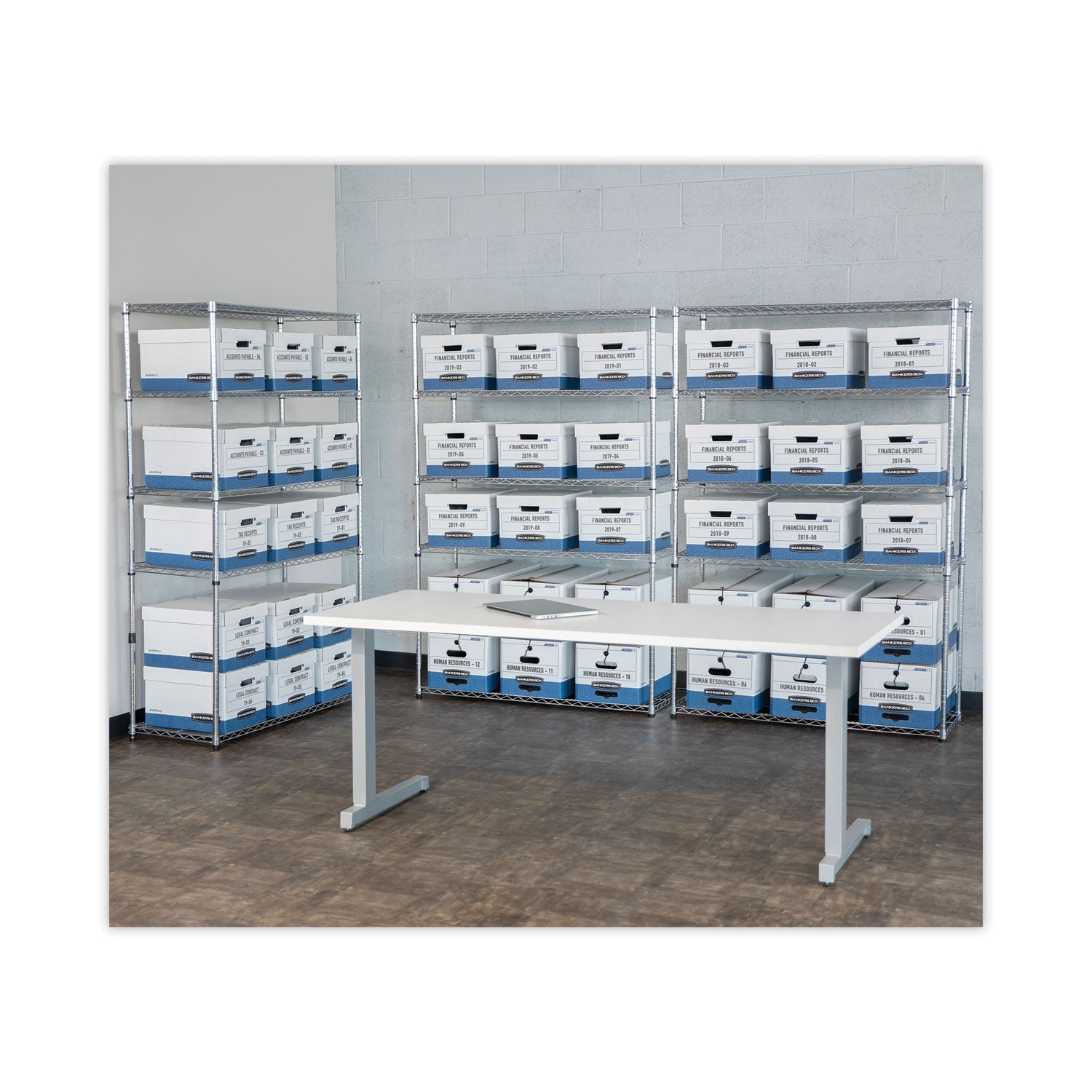 Bankers Box HANG'N'STOR Medium-Duty Storage Boxes, Letter/Legal Files, 13" x 16" x 10.5", White/Blue, 4/Carton