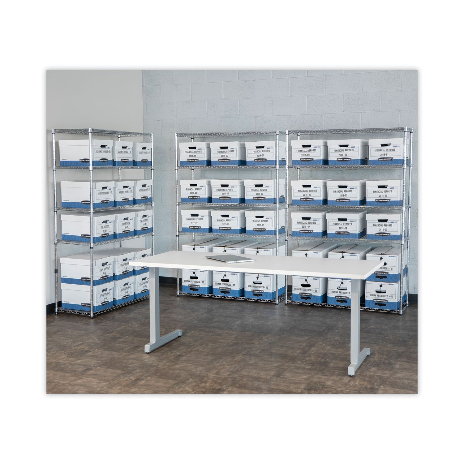 Bankers Box STOR/FILE Medium-Duty Letter/Legal Storage Boxes, Letter/Legal Files, 12.75" x 16.5" x 10.5", White/Blue, 4/Carton