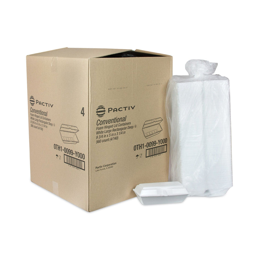 Pactiv Evergreen Foam Hinged Lid Containers, Single Tab Lock Hoagie, 9.75 x 5 x 3.25, White, 560/Carton