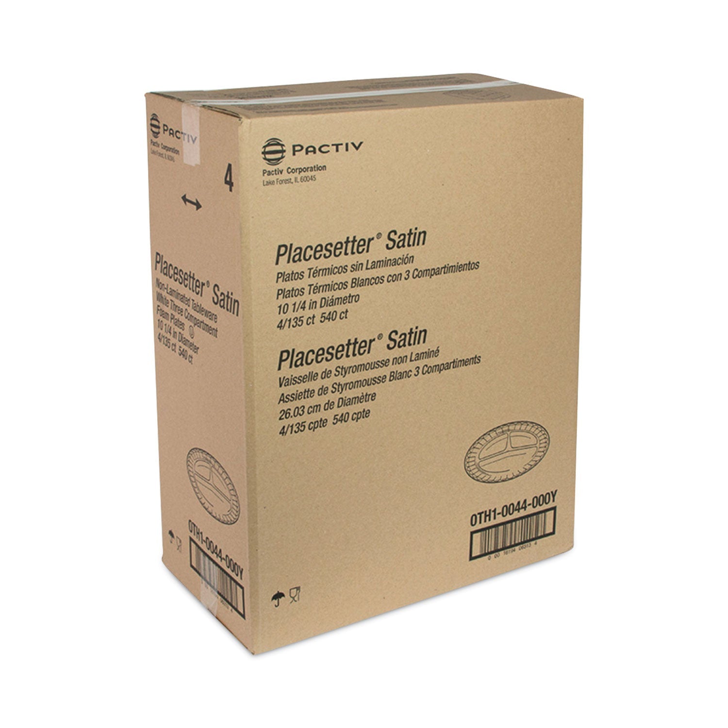 Pactiv Evergreen Placesetter Satin Non-Laminated Foam Dinnerware, 3-Compartment Plate, 10.25" dia, White, 540/Carton
