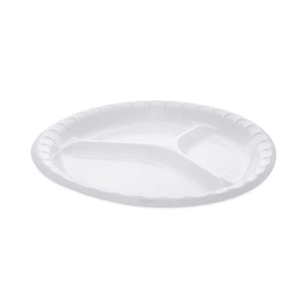 Pactiv Evergreen Placesetter Deluxe Laminated Foam Dinnerware, 3-Compartment Plate, 10.25" dia, White, 540/Carton