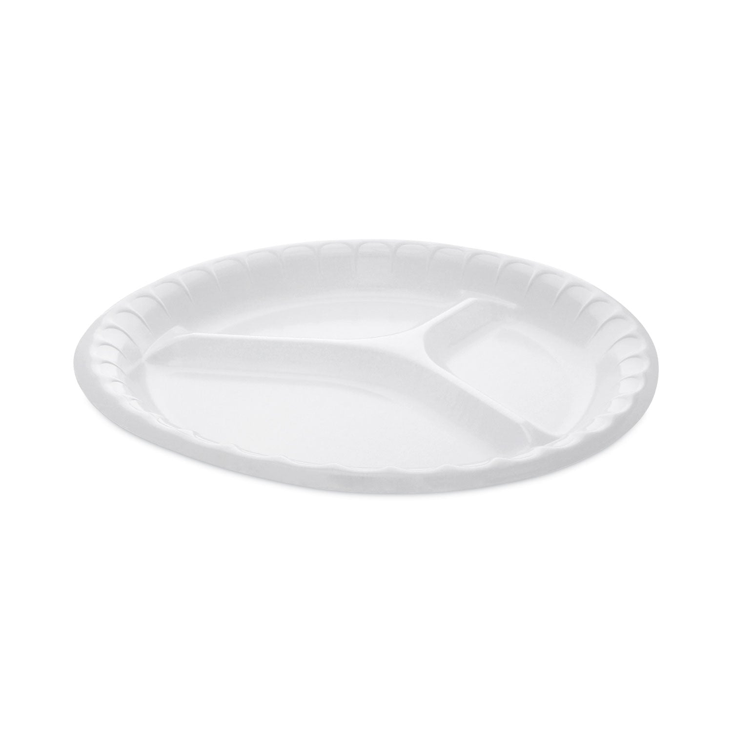 Pactiv Evergreen Placesetter Deluxe Laminated Foam Dinnerware, 3-Compartment Plate, 10.25" dia, White, 540/Carton
