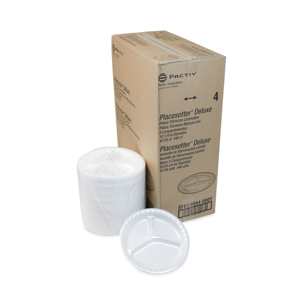 Pactiv Evergreen Placesetter Deluxe Laminated Foam Dinnerware, 3-Compartment Plate, 10.25" dia, White, 540/Carton