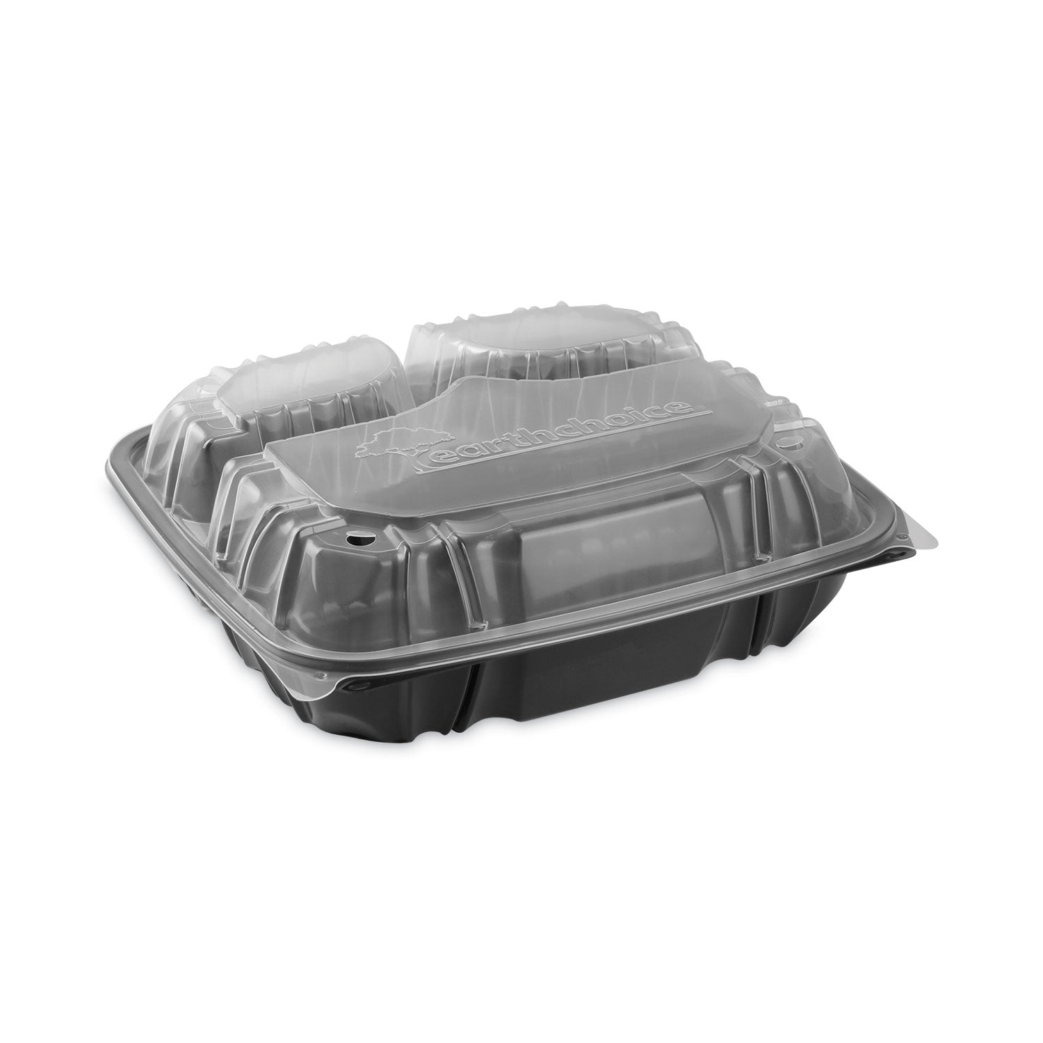 Pactiv Evergreen EarthChoice Vented Dual Color Microwavable Hinged Lid Container, 3-Compartment 34oz, 10.5x9.5x3, Black/Clear, Plastic, 132/CT