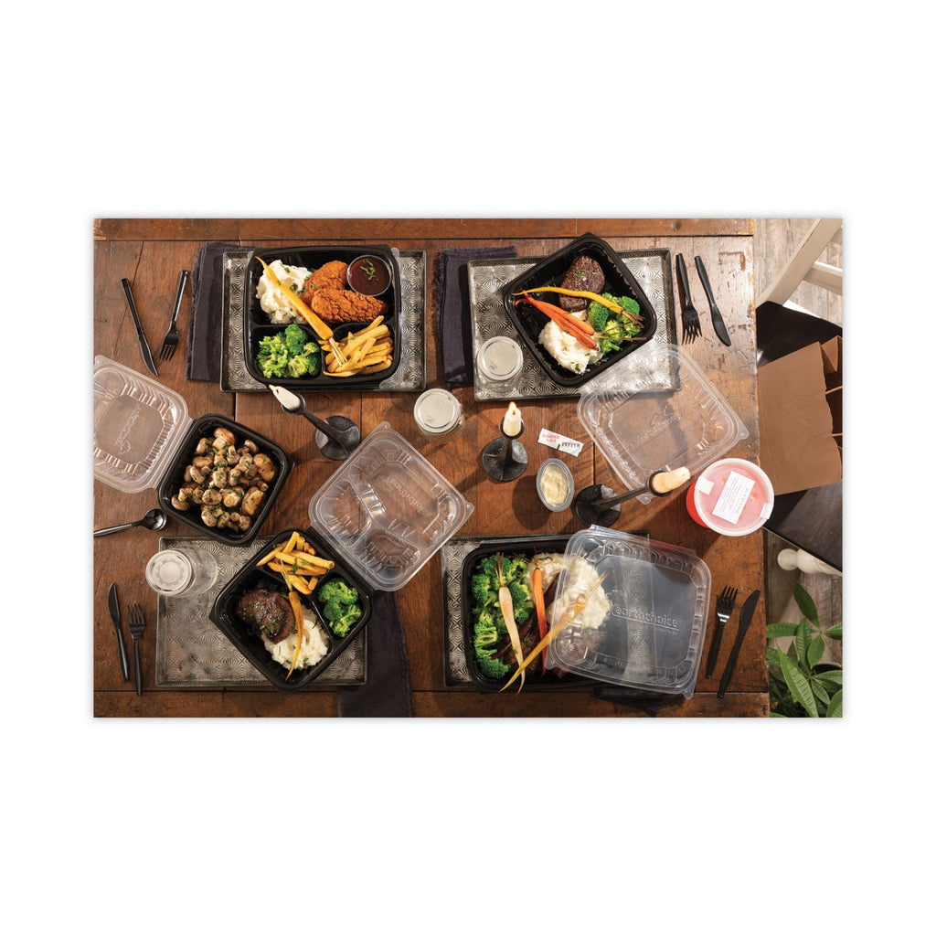 Pactiv Evergreen EarthChoice Vented Dual Color Microwavable Hinged Lid Container, 3-Compartment 34oz, 10.5x9.5x3, Black/Clear, Plastic, 132/CT