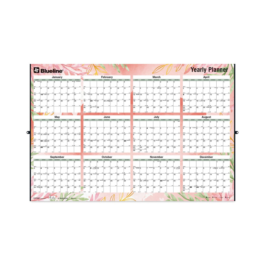 Blueline Yearly Laminated Wall Calendar, Autumn Leaves Watercolor Artwork, 36 x 24, White/Sand/Orange Sheets, 12-Month (Jan-Dec): 2023