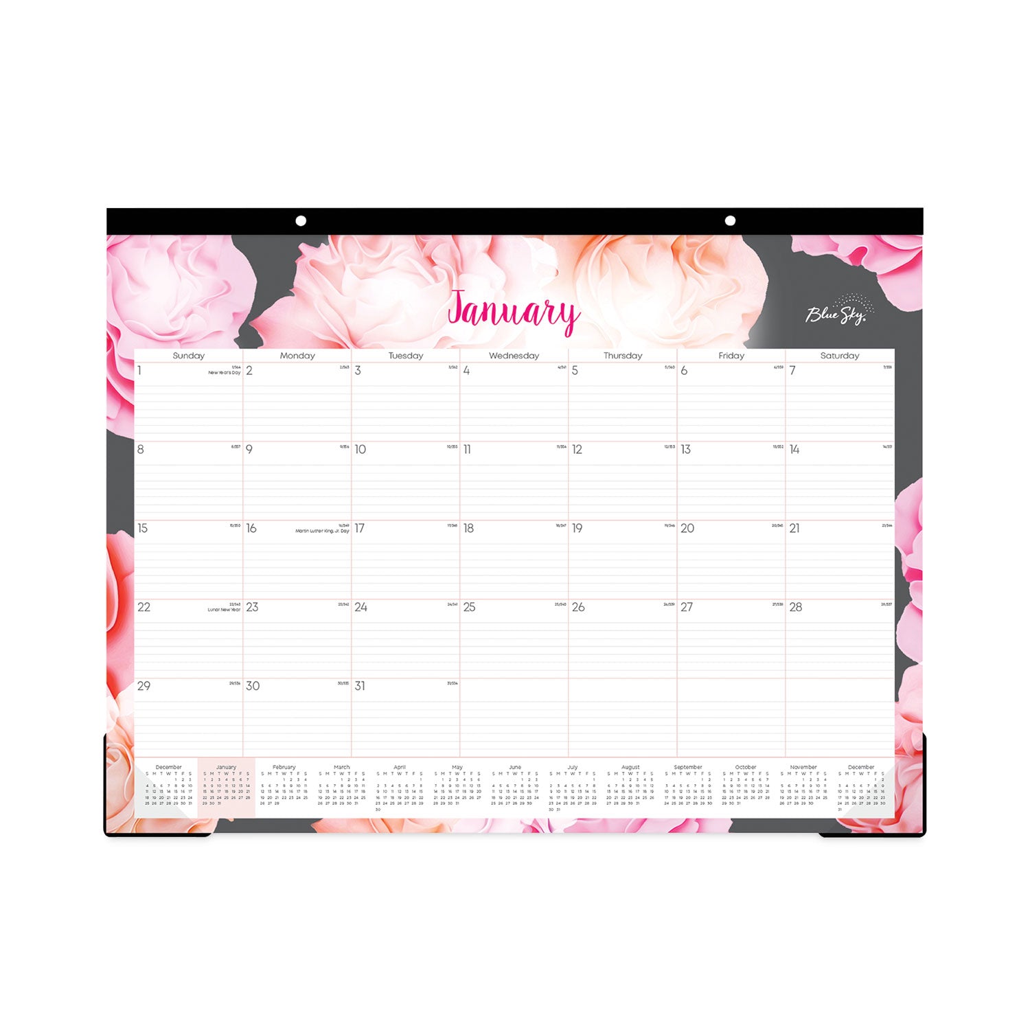 Blue Sky Joselyn Desk Pad, Rose Artwork, 22 x 17, White/Pink/Peach Sheets, Black Binding, Clear Corners, 12-Month (Jan-Dec): 2023