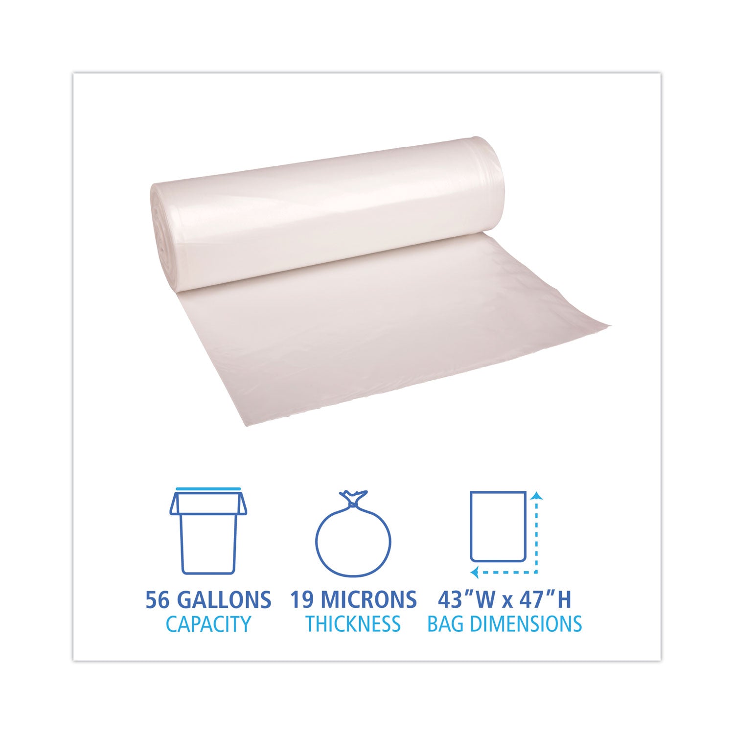 Boardwalk High-Density Can Liners, 56 gal, 19 microns, 43" x 47", Natural, 150/Carton