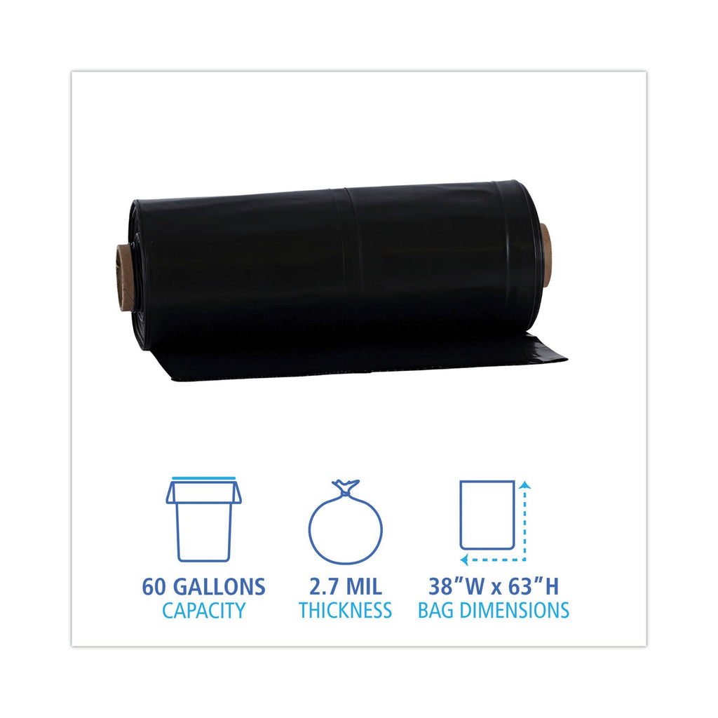 Boardwalk Industrial Drum Liners Rolls, 60 gal, 2.7 mil, 38 x 63, Black, 1 Roll of 50 Bags