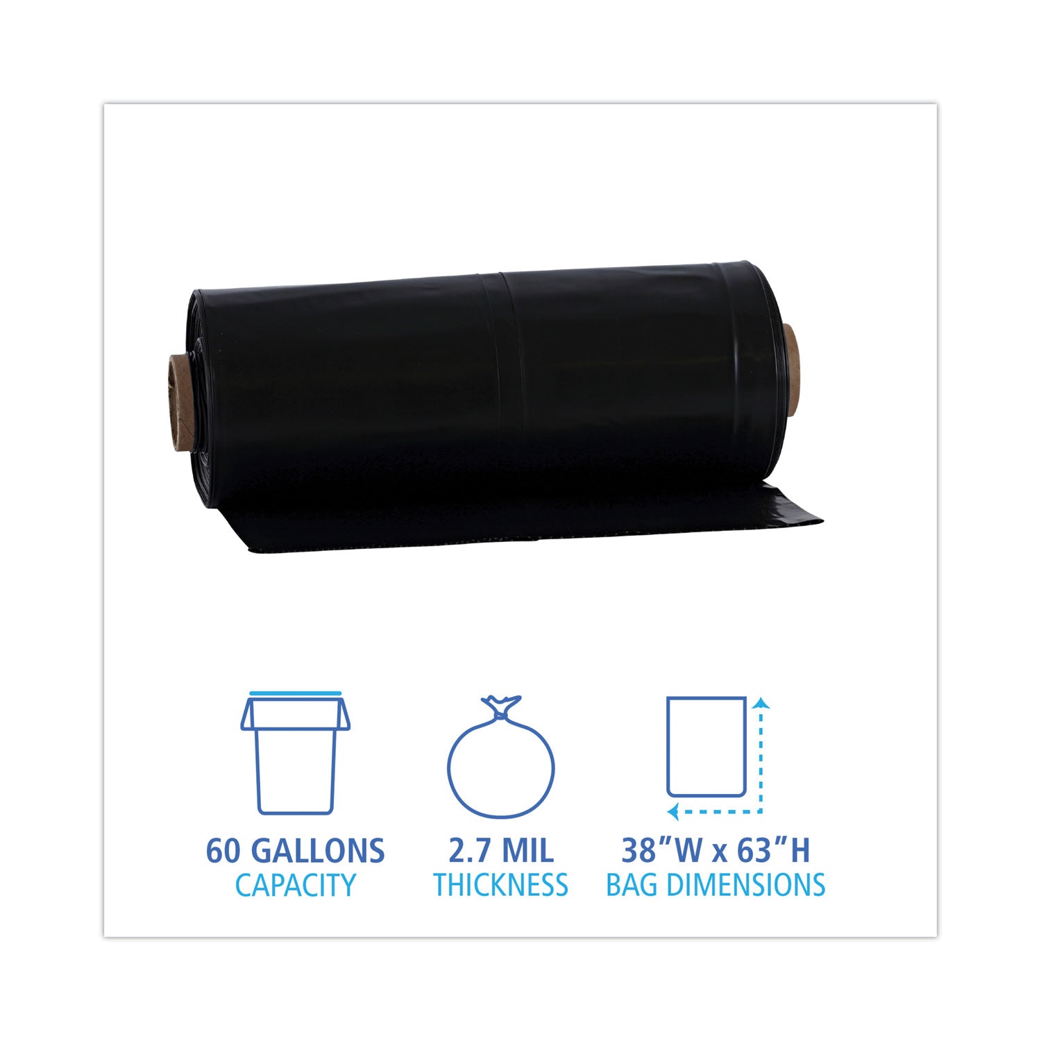 Boardwalk Industrial Drum Liners Rolls, 60 gal, 2.7 mil, 38 x 63, Black, 1 Roll of 50 Bags