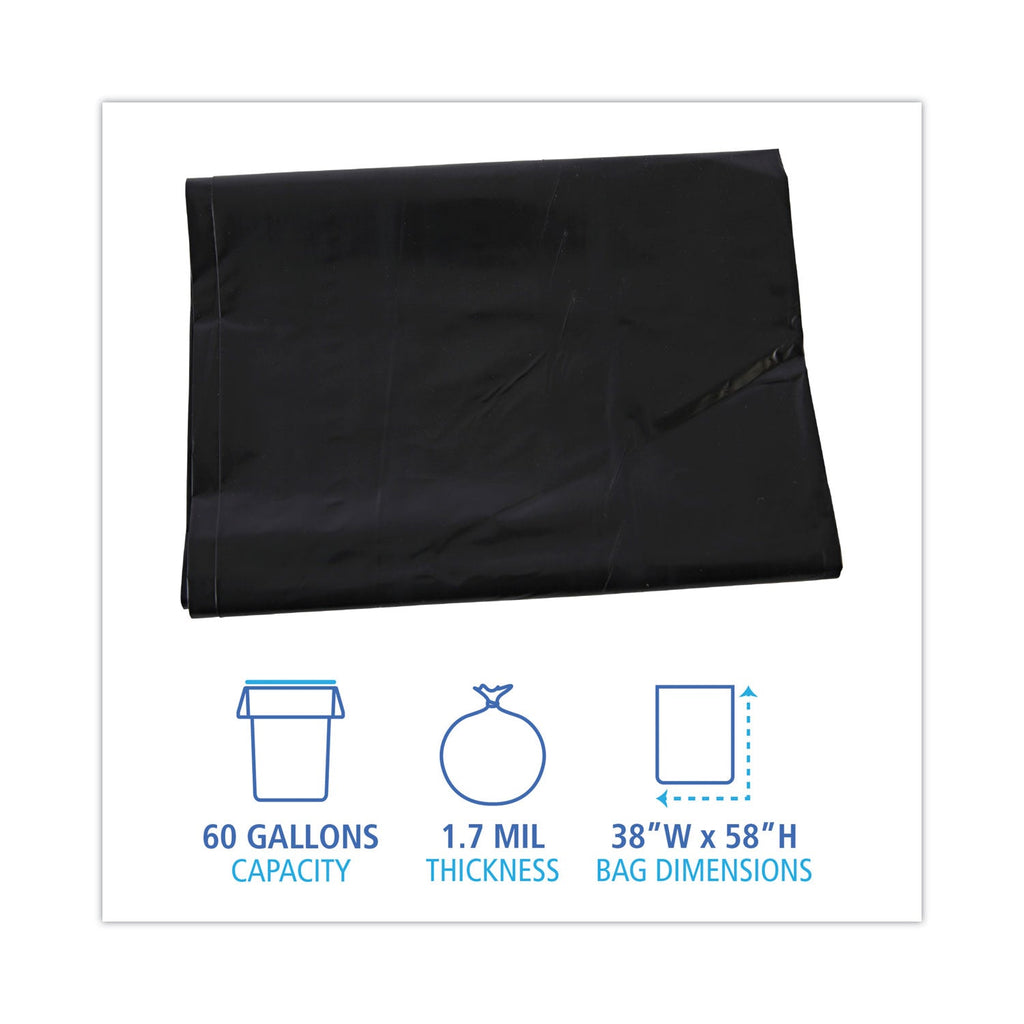 Boardwalk Linear Low Density Industrial Can Liners, 60 gal, 1.7 mil, 38 x 58, Black, 100/Carton