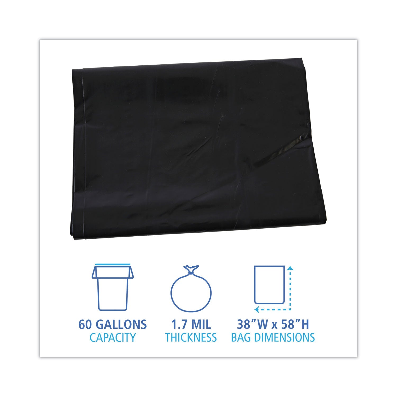 Boardwalk Linear Low Density Industrial Can Liners, 60 gal, 1.7 mil, 38 x 58, Black, 100/Carton